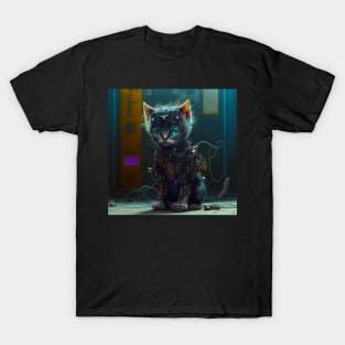 cute futuristic robot-cat cyberpunk kitten T-Shirt